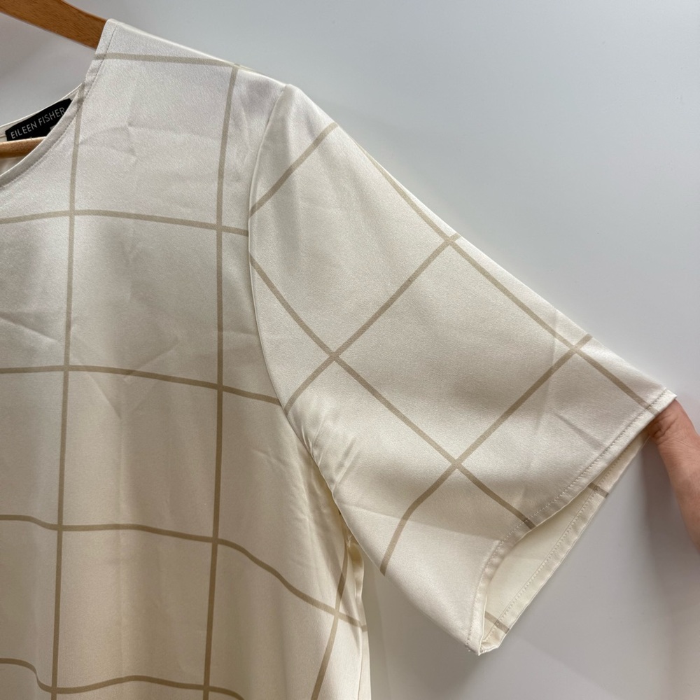 Eileen Fisher Silk Jewel Neck Short Sleeve Box Top Cream Blouse Size Large - Picture 5 of 13